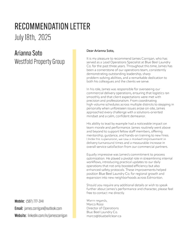 Blue Bell Laundry Co. reference letter for Elena