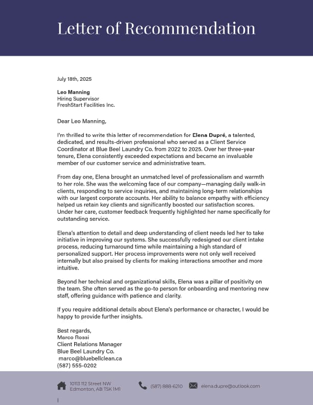 Blue Bell Laundry Co. reference letter for James