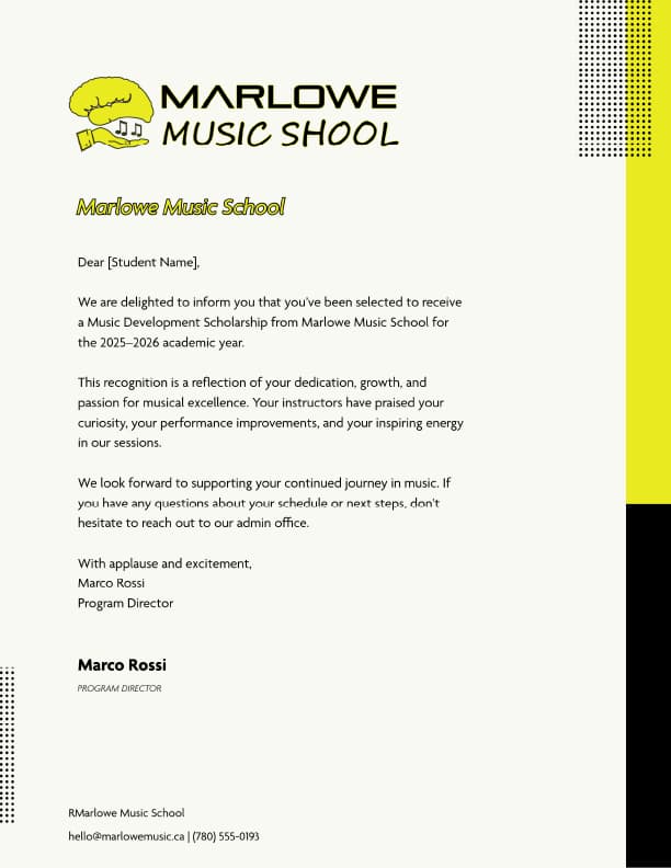 Marlowe Music School letterhead